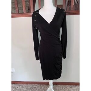Cache Black Knit Wrap Dress Grommet Detail Long Sleeve Ruched Gold Hardware M